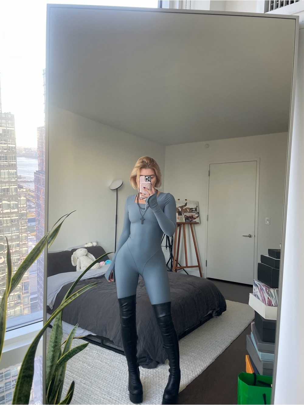 Long-Sleeve Square Neck Jumpsuit in Slate Gray